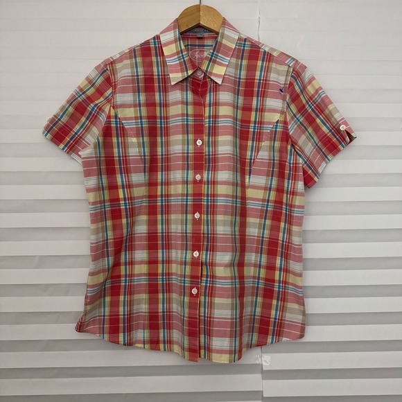 Foxcroft Tops - Foxcroft Womens 14 Red Plaid Wrinkle Free Fitted Short Sleeve Button Down Shirt